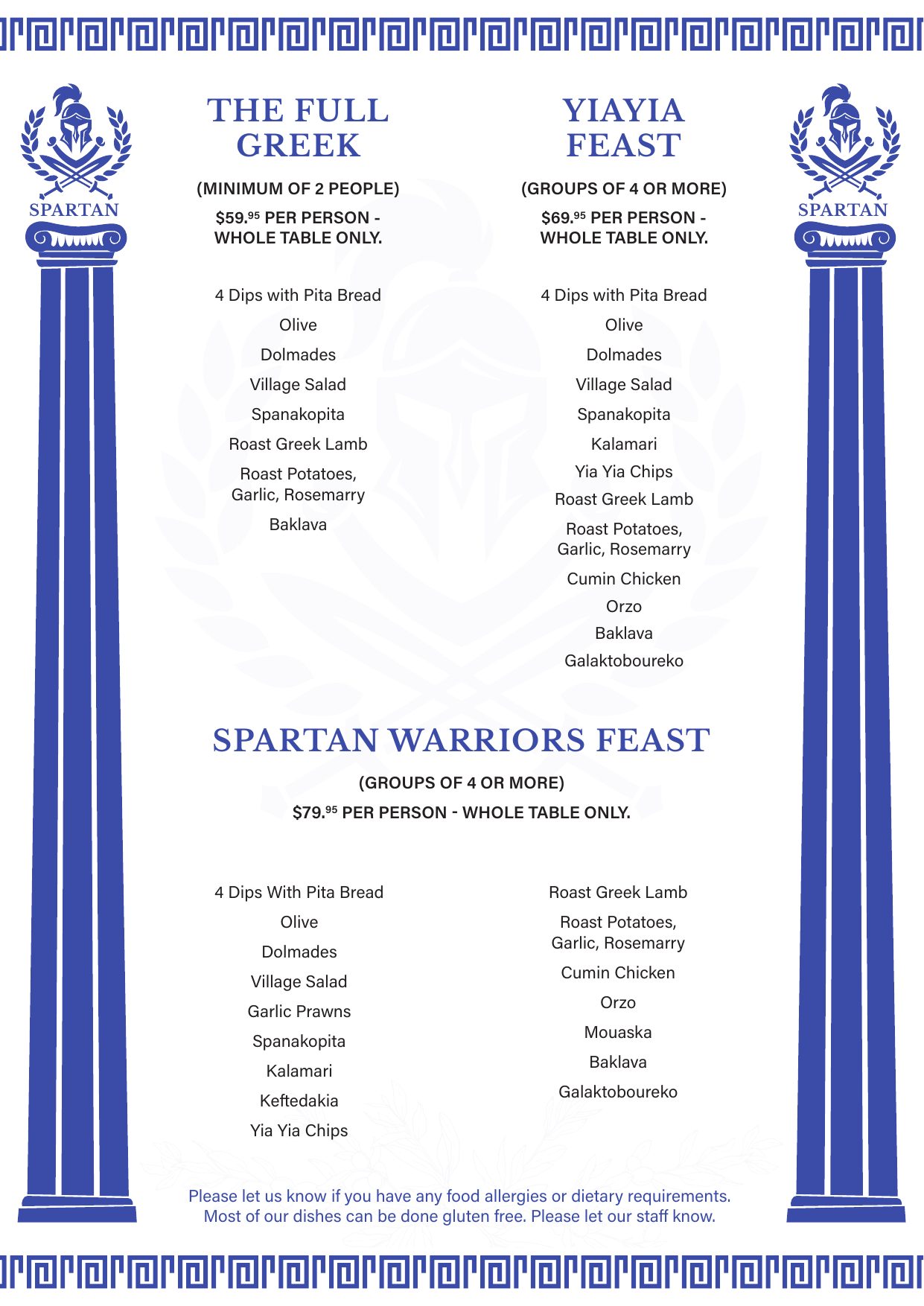 Spartan Greek Restaurant Banquet Menu