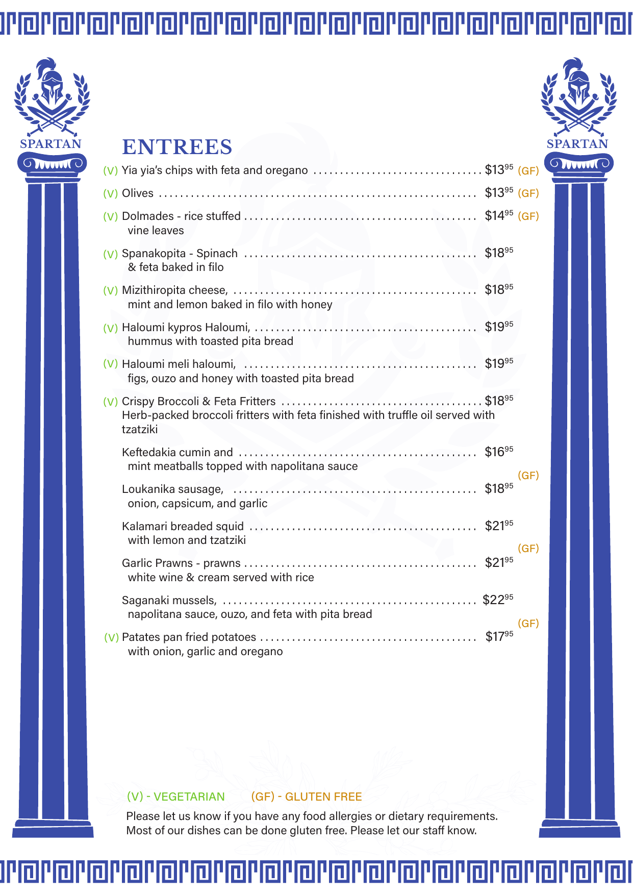Spartan Greek Restaurant Dinner Menu - Entrees